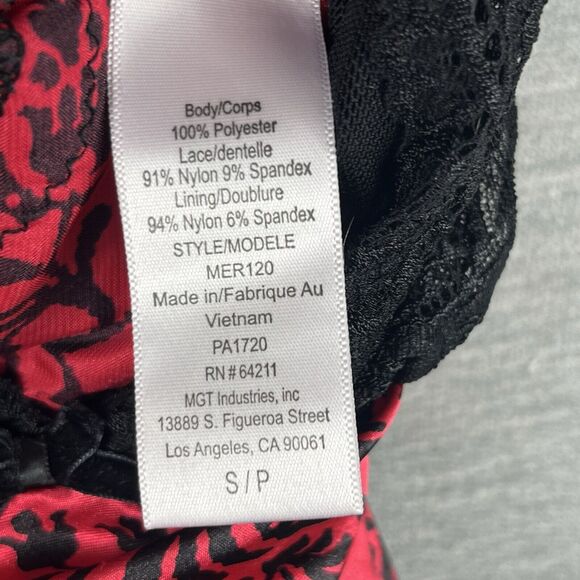 In Bloom by Jonquil RED/BLACK FLORAL Chemise VELVET Trim Lace Size Small S - Picture 8 of 11